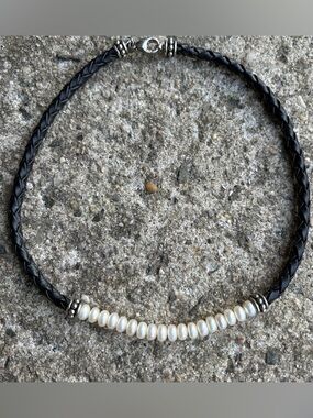 Honora Sterling Silver (925) Pearl Accent Black Braided Leather Necklace